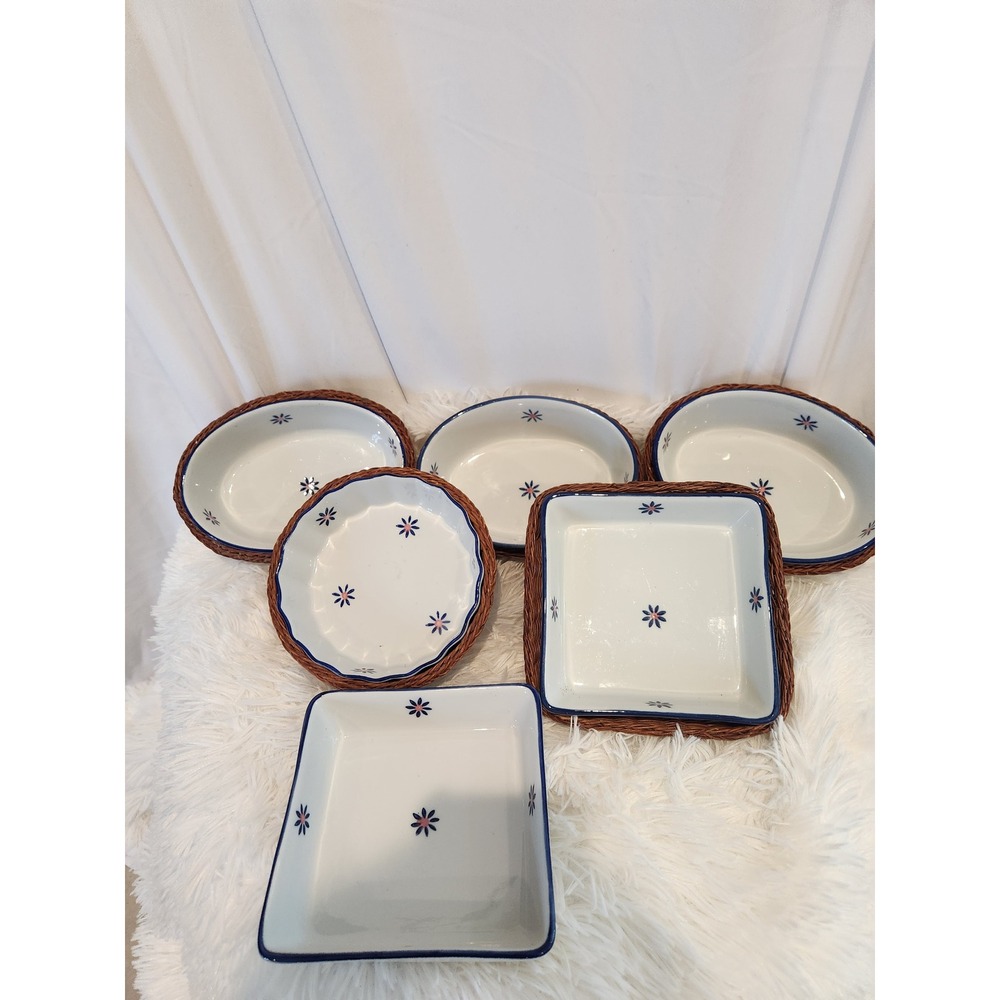 Ceramic Baking Dish Set with Wicker Baskets Floral White Blue 6 Piece Lot